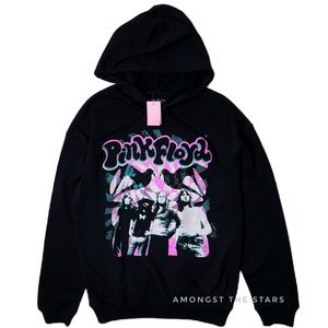 Pink Floyd Psychedelic Print Black Drawstring Band Hoodie